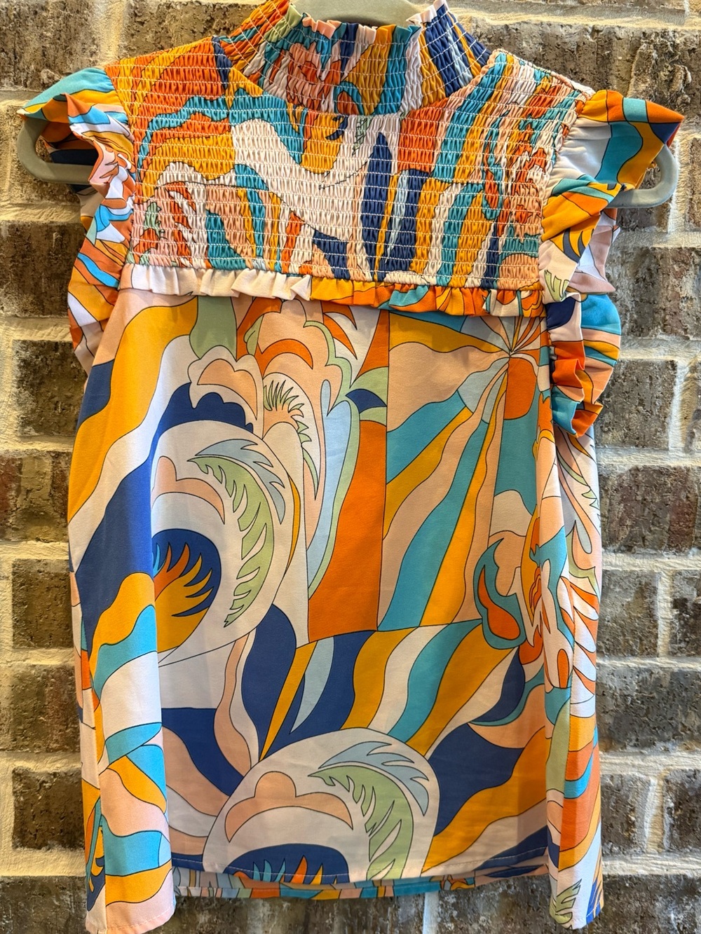 THML Abstract Print Smocked Mock Neck Ruffle Sleeve Blouse S